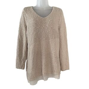 CHICO'S 2‎ Sweater Large Beige Silver Metallic Weave Knobby Knit Overlay V-Neck